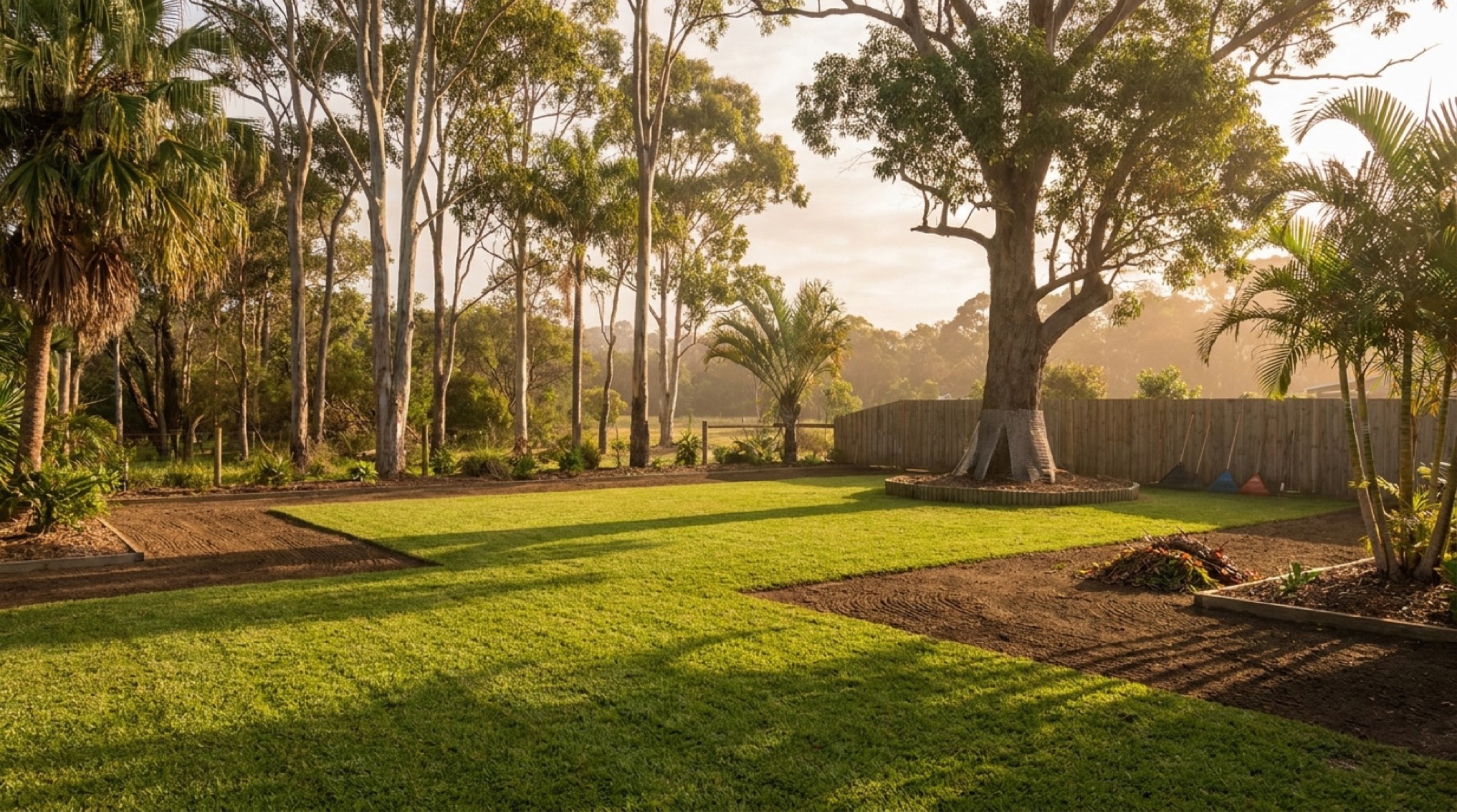 Freshly cut grass with crisp mowing stripes in golden light